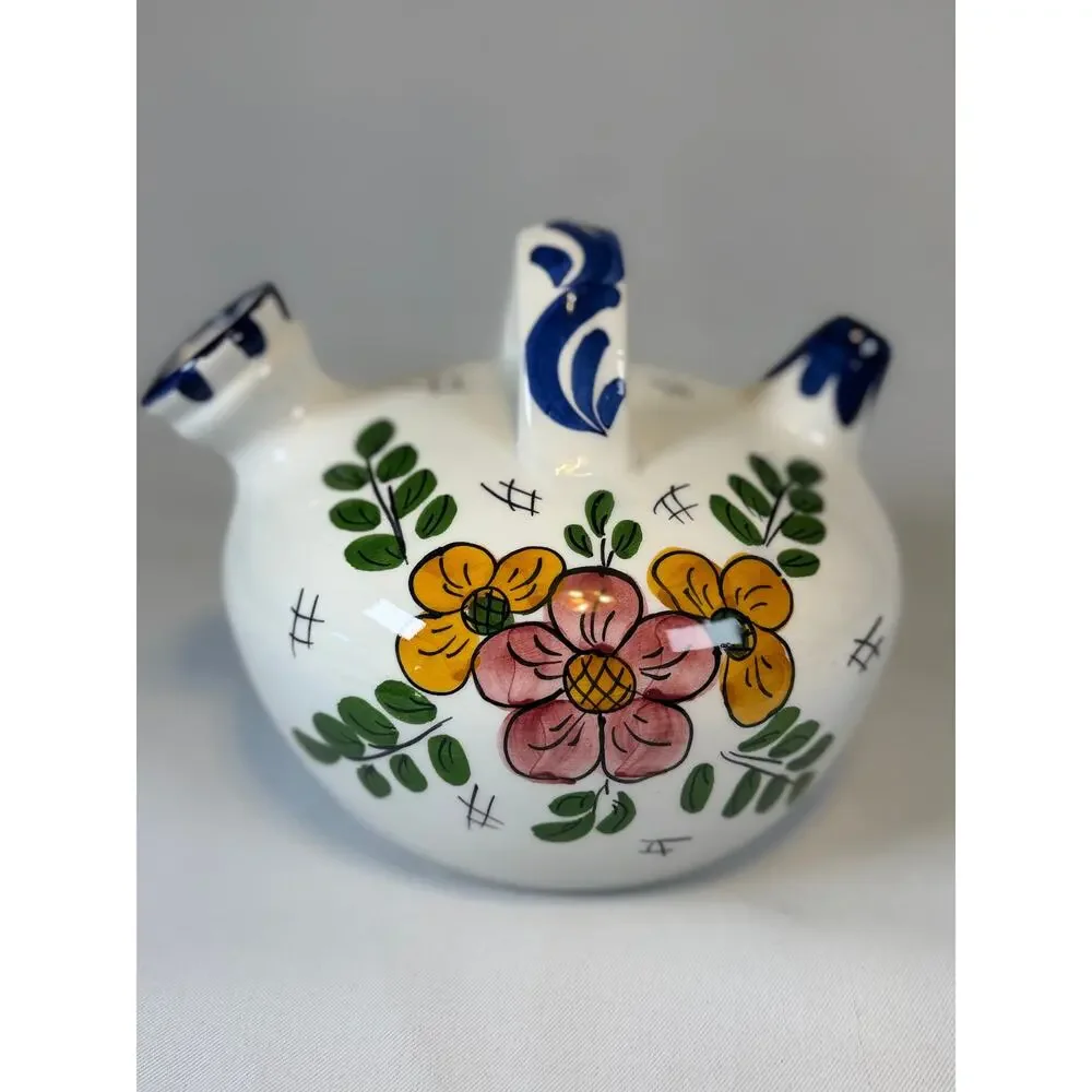 Vtg Spanish Botijo Hand Painted Ceramic Water Jug Floral Folk Art Double Spout